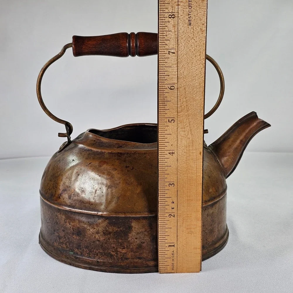 Antique Copper Tea Kettle Wood Handle Primitive Farmhouse Decor Rustic Patina